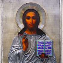 Старинный образ Спасителя в окладе. Серебро, эмали. 1890 г, в Санкт-Петербурге