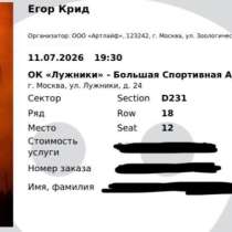 Билет на концерт Егора Крида, в Москве